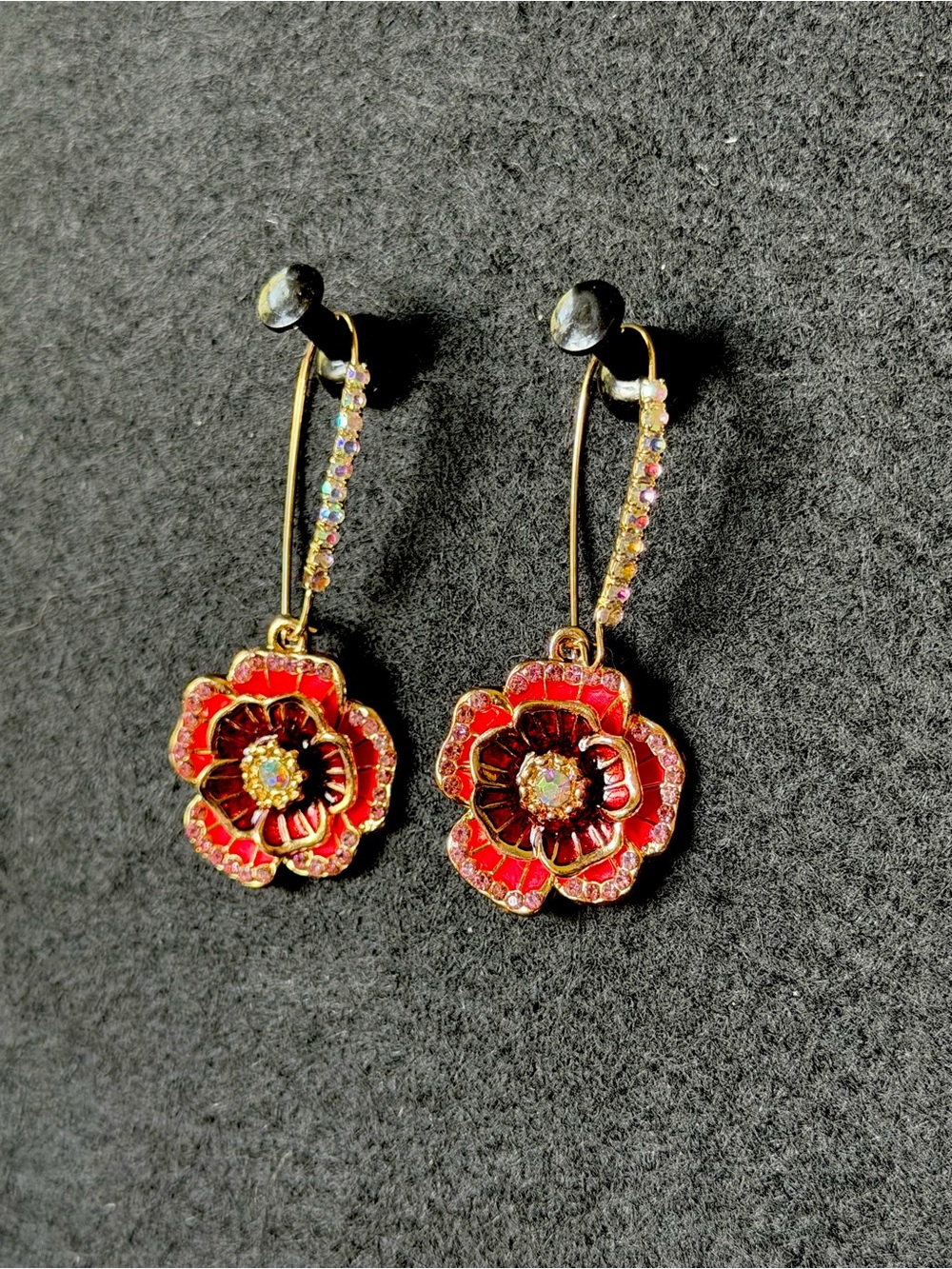 Gold-Tone Red Floral Drop Earrings with Crystal Accents